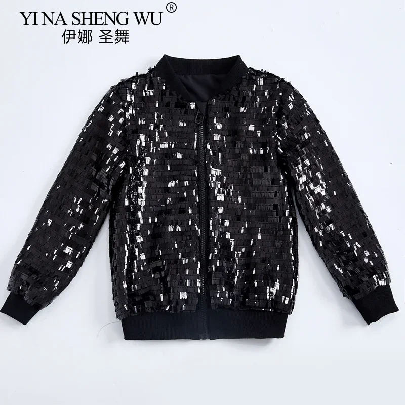 Kurtka z cekinami dla dzieci do tańca jazzowego, chłopięca i dziewczęca, odzież do hip hopu i tańca nowoczesnego, długi rękaw, zapinana na zamek, kurtka wiosenno-jesienna dla dzieci.