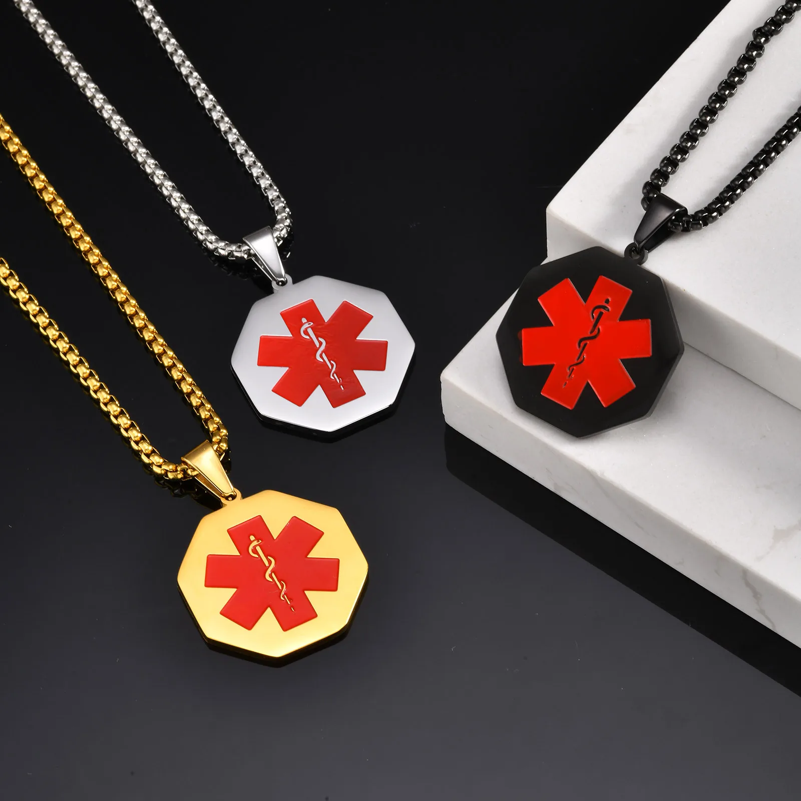 

Customized Red Medical Necklace for Men Boys,Stainless Steel Geometric Pendant Necklace,Stylish Medical Jewelry Gifts to Him
