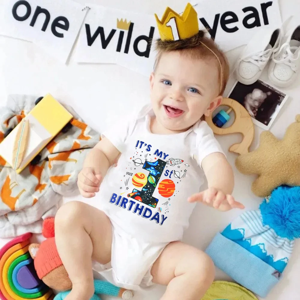 

It's My Fitst Birthday Print Baby Romper Short Sleeve Round Neck Infant Bodysuit Babys Birthday Party Costume Best Gift To Baby