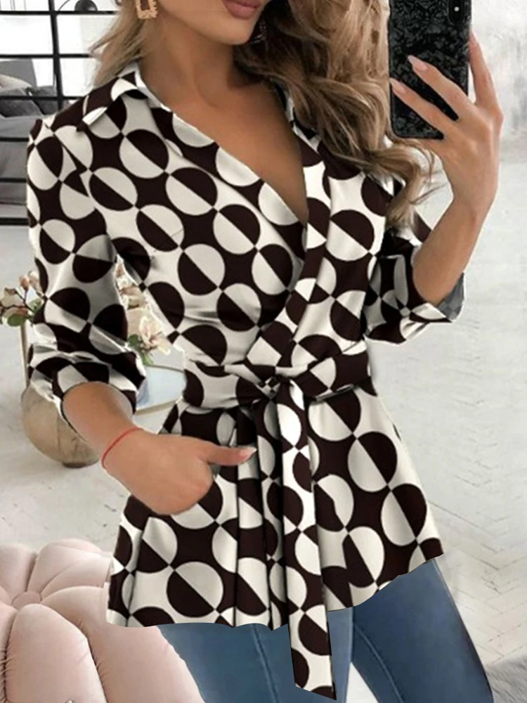 Autumn Long Sleeve Print Belt Shirt For Women New Sexy V-neck Slim Blouses And Tops 2023 Office Ladies Shirts Elegant Clothing