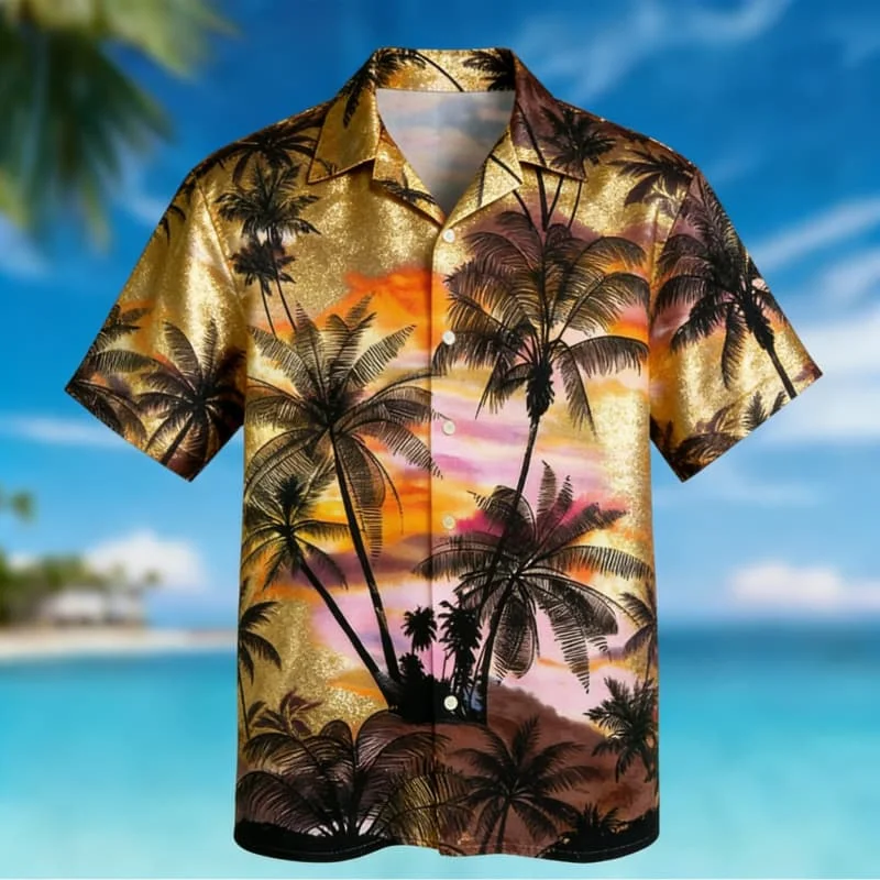 Men's Fashion Sunset Palm Tree Print Short Sleeve Shirt Trendy Summer Style for Beach Vacation Party Gathering Daily Commute