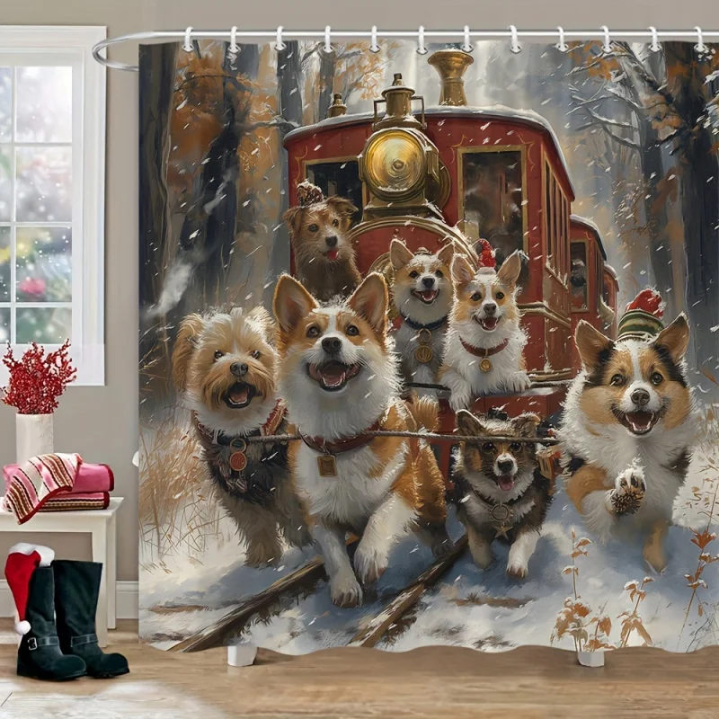 Festive Dog & Train Christmas Shower Curtain - Snowy Forest Scene with Santa Hat, Washable Polyester with Hooks Included, Perfec