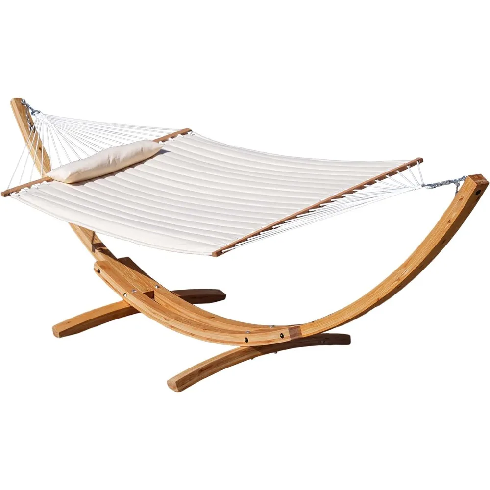 Hammocks 12 FT Double Quilted Fabric Hammock and 13 FT Wooden Arc Stand,with Spreader Bar,Removable Pillow,450lb Weight Capacity