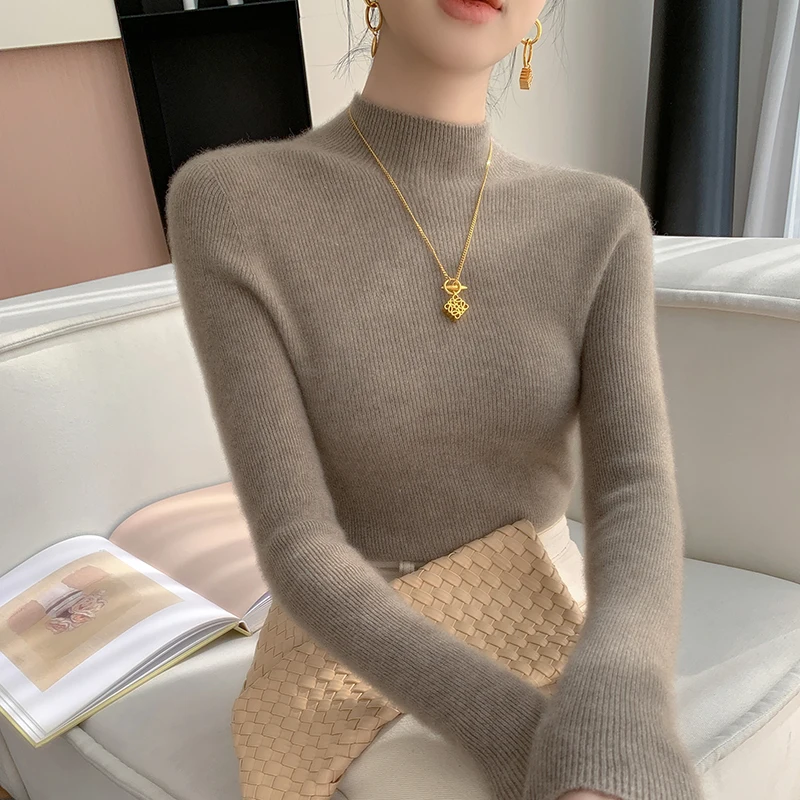 MVLYFLRT Seamless 100% Cashmere Sweater Women's Half High Collar Pullover Slim Fit Knit Base Sweater One line molded Tops