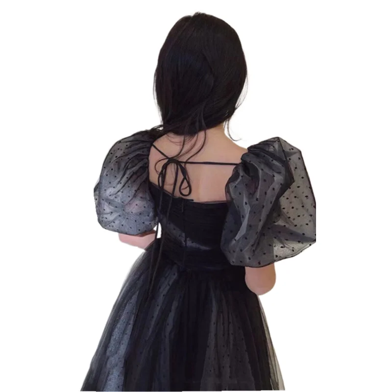 Girl Evening Dress for Kids Elegant Black Vintage Puff Sleeve Gowns Teenages Party Dresses Children Violin Performance Vestidos