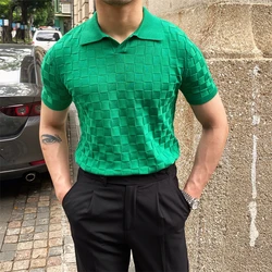 2022 Summer Plaid Knitted Polo Shirts Men Short Sleeve V-Neck Knitted Lapel Tee Tops Elasticity Slim Casual Business Social Polo