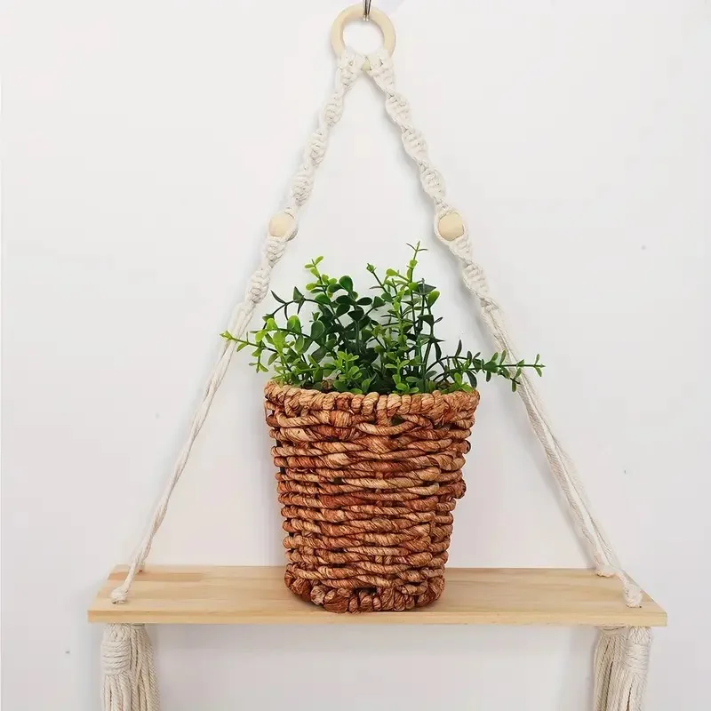 1 قطعة مكرميه رف معلق اليدوية البوهيمي النباتات الخشبية العائمة حبل رفوف ، ديكور الغرفة الجمالية ، ديكور المنزل ، ديكور غرفة نوم