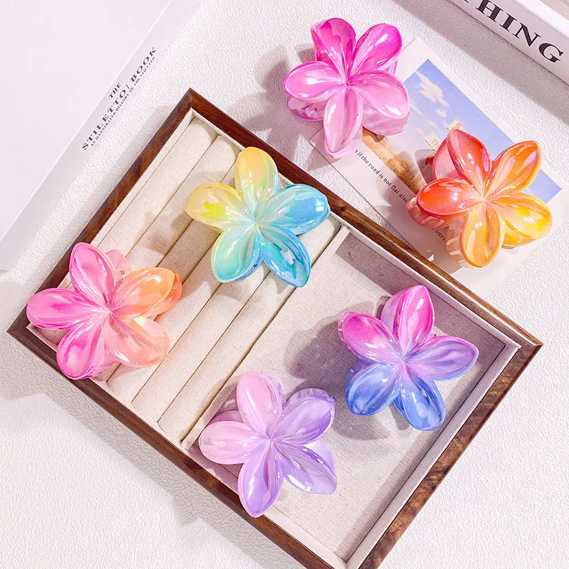 Sweet Gradient Colorful Flower Acrylic Hair Claw Clip Korean Women Girls Hairpin Summer Beach Hawaiian Headwear Hair Accessories