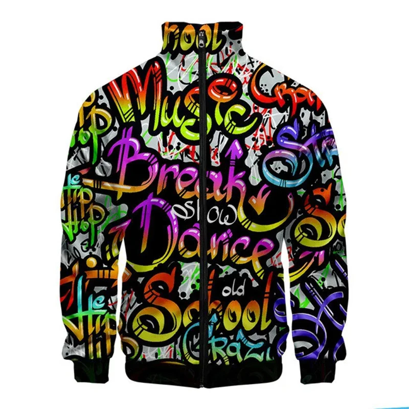 New Funny Graffiti Pattern Jacket Men Harajuku Hip Hop Style Coat Casual Stand Collar Zipper Apparel Boy Sweatshirt Jackets Top