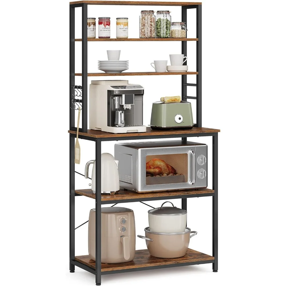 

Coffee Bar, 31.5 Inches Baker's Rack for Kitchen with Storage, 6-Tier Kitchen Shelves with 6 Hooks, Microwave Stand, Industrial