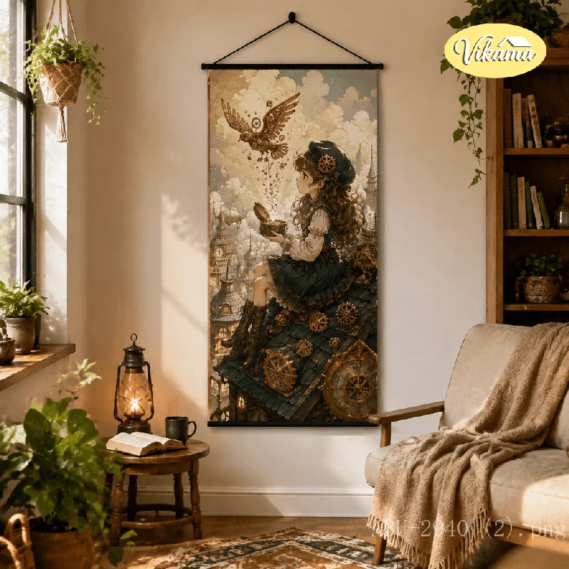 VIKAMA Vintage Floral Anime Tapestry Wall Hanging Steampunk Gear Sunflower Girl Wall Art Decor for Bedroom Dorm Living Room