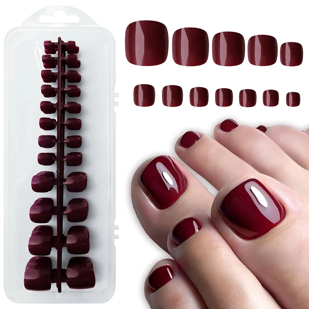 24pcs Medium Square Wine Red High Saturation Press On Toe Nails Full Cover Fake Nail Set Press On Toe Nails