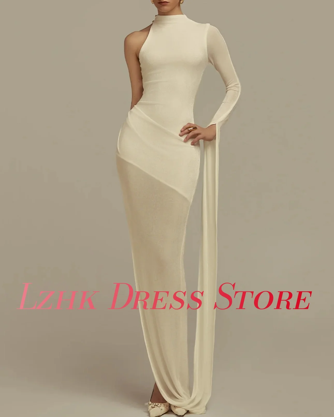تخصيص الحديثة جيرسي مستقيم واحد الكتف مساء اللباس حساسة طويلة الأكمام عالية طوق الطابق طول فساتين المشاهير