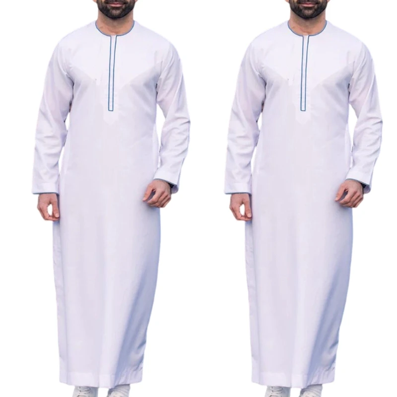 Jubah pakaian Muslim pria longgar kerah Crew Arab Tengah tahan lama Kaftan Muslim Thobe Dubai gaun lengan panjang pakaian etnik 41QC