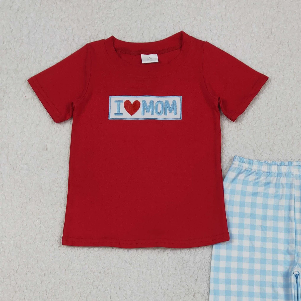 Baby Boys Red Cotton Embroidery 'I Love Mom' Shirts And Checked Pants Outfit Set Plaid Pants Top for Boys Clothing Set