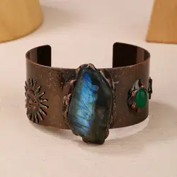YEEVAA Labradorite Glitter Stone Wide Opening Cuff Bangle Healing Gemstone Copper Plating Adjustable Punk Bracelet Vintage Jewel