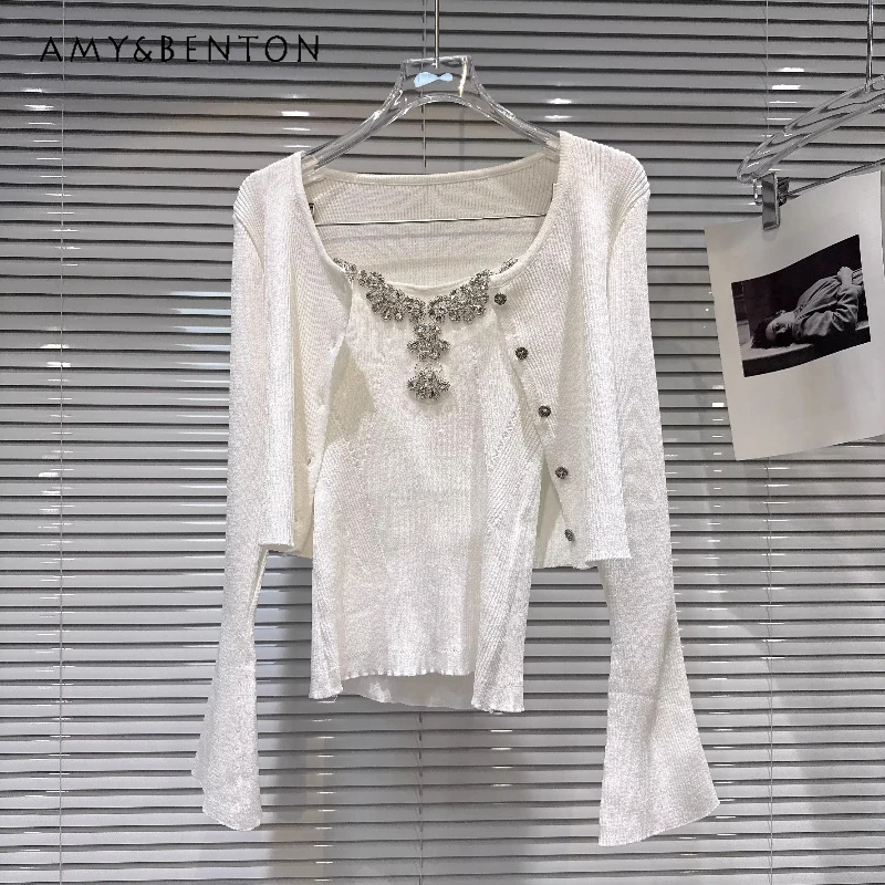 

2026 Spring New Sweet And Spicy Horn Sleeve Knitted Women's Cardigan French Design Nail Drill Sling Vest Two-piece Suit Ladies