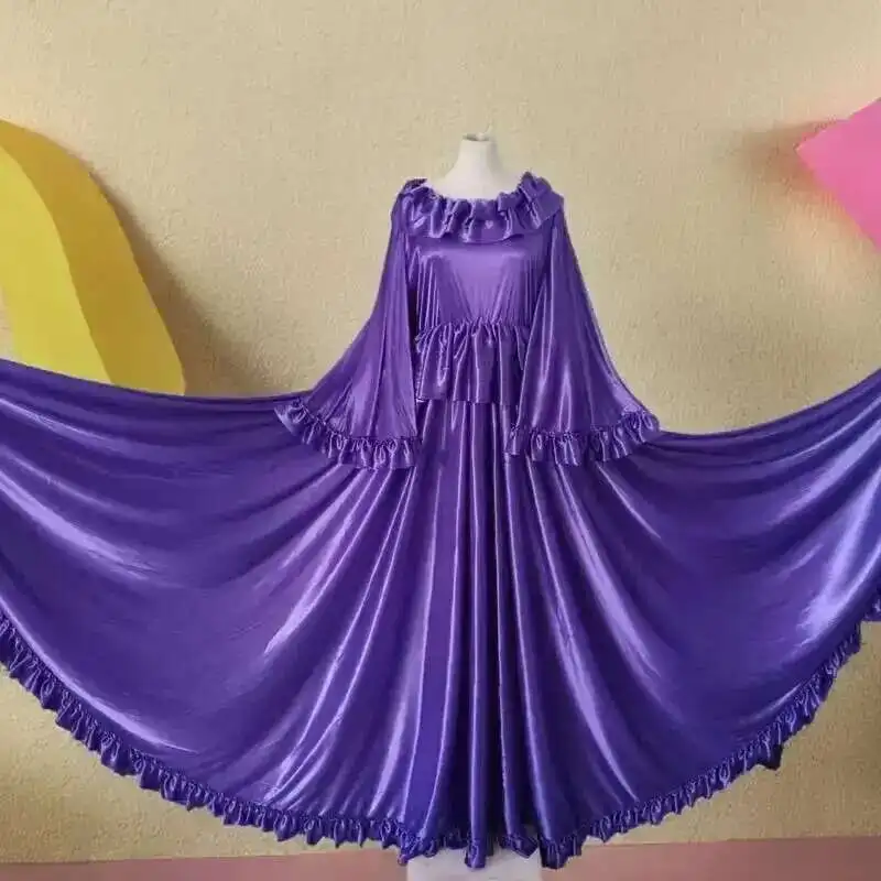 Glossy Women Ruffles Satin Long Sleeve Dress With Sash Loose Maxi Dress Plus Size Sleeping Robe