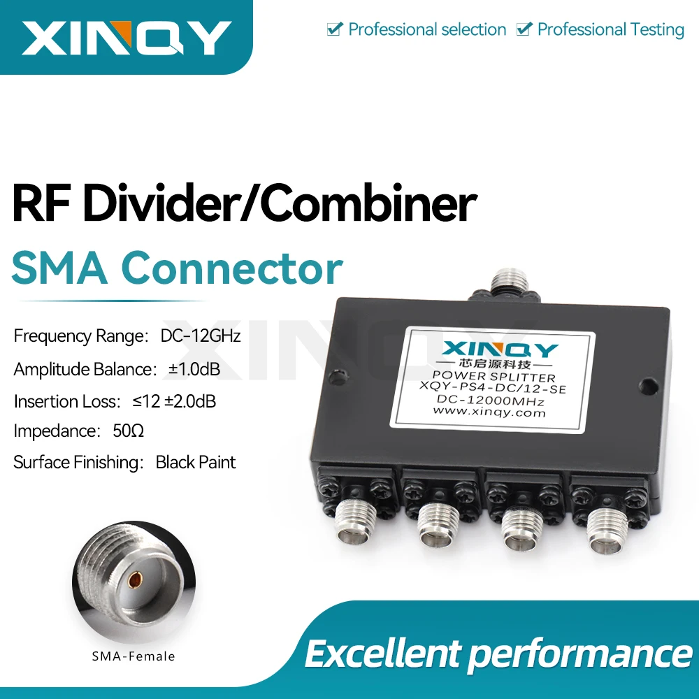XINQY 1-to-4 Power Splitter 0-12GHz SMA Female 4-Way Resistive Divider for Clock Lines, Broadband Frequency Testing & Measurement