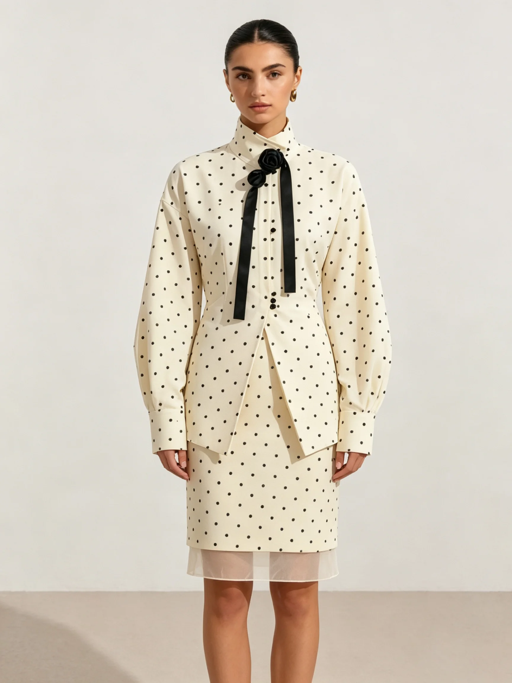Vestido midi de fiesta ajustado de dos piezas simuladas con cuello alto, manga abullonada y lazo floral de lunares para mujer LIMO