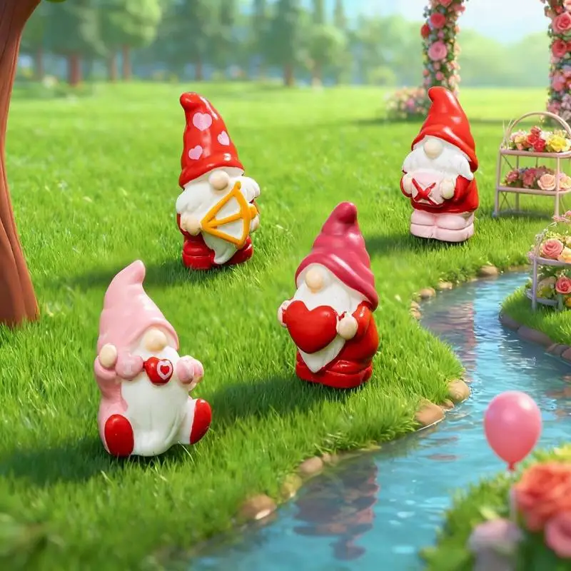 4pcs Mini Love Dwarf Figurine Miniature Resin Mushroom Gnome Doll Garden Landscape Craft DIY Ornaments Desktop Decoration Gifts
