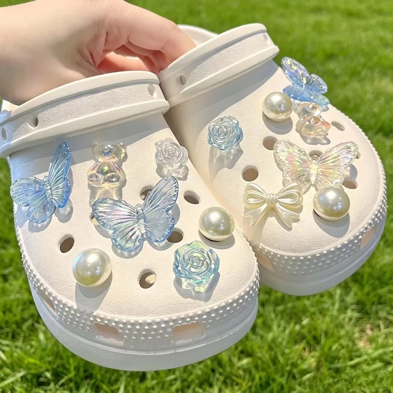 Shiny Iridescent Butterfly Rose Pearl Shoe Charms, Transparent Resin DIY Clog Ornaments for Women Summer Sandal Decor Gifts
