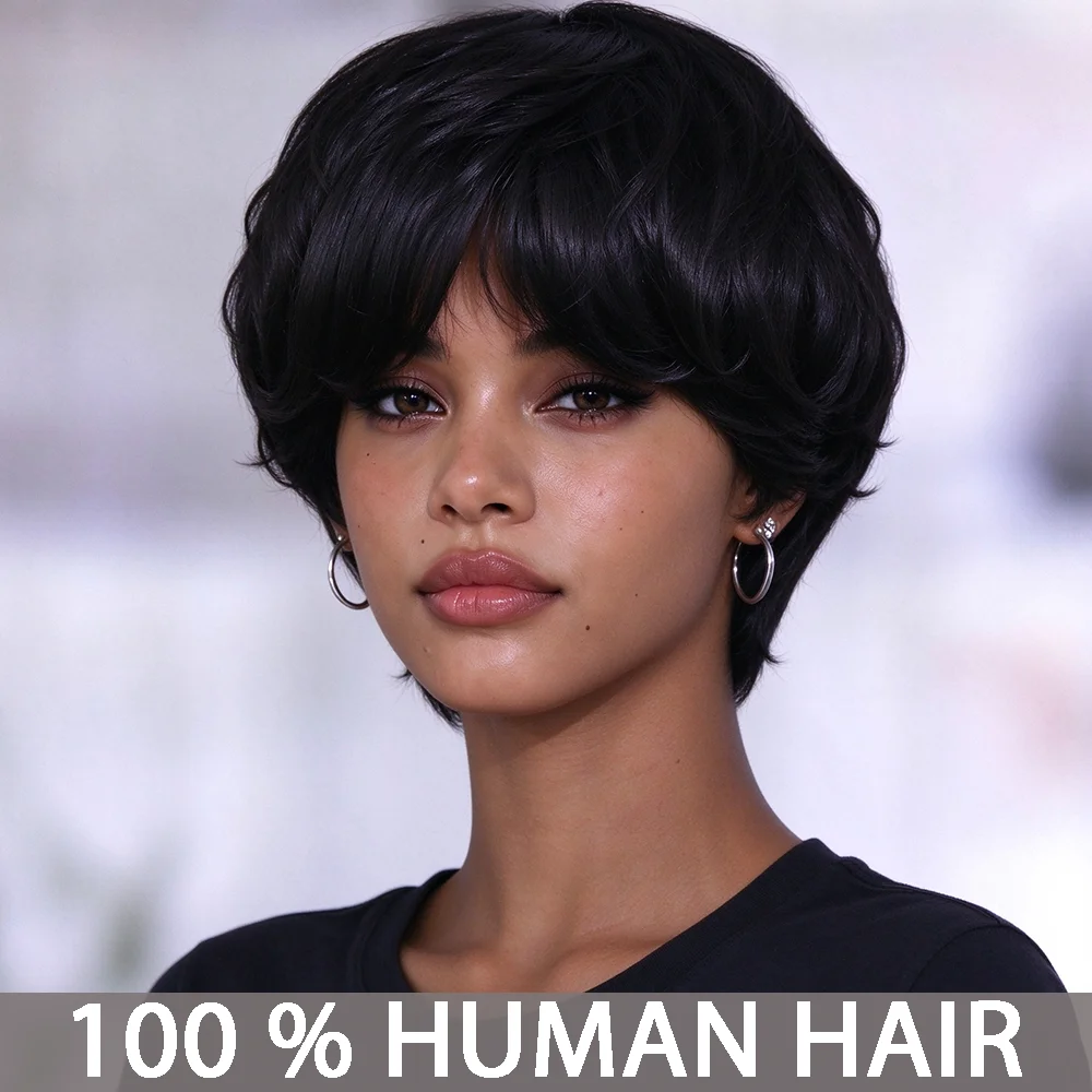 Pixie Cut Human Hair Wig for Women 4 Inch 180% Density Real Human Hair Full Machine Made No Glue Needed Natural Realistic Look