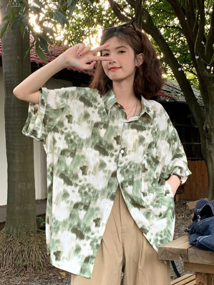

Jmprs Tie Dye Y2K Рубашка Женская Свободная Уличная Блузка С Коротким Рукавом Винтаж Oversize Повседневная Harajuku Bf Универсальные Летние Топы Новые