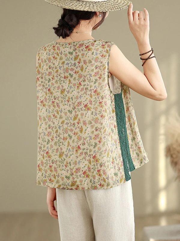 Lace Splice Side Slit Floral Print Small Vest Large Size Women's Svel round Ne Lightweight Breathable Linen Outdoor Top