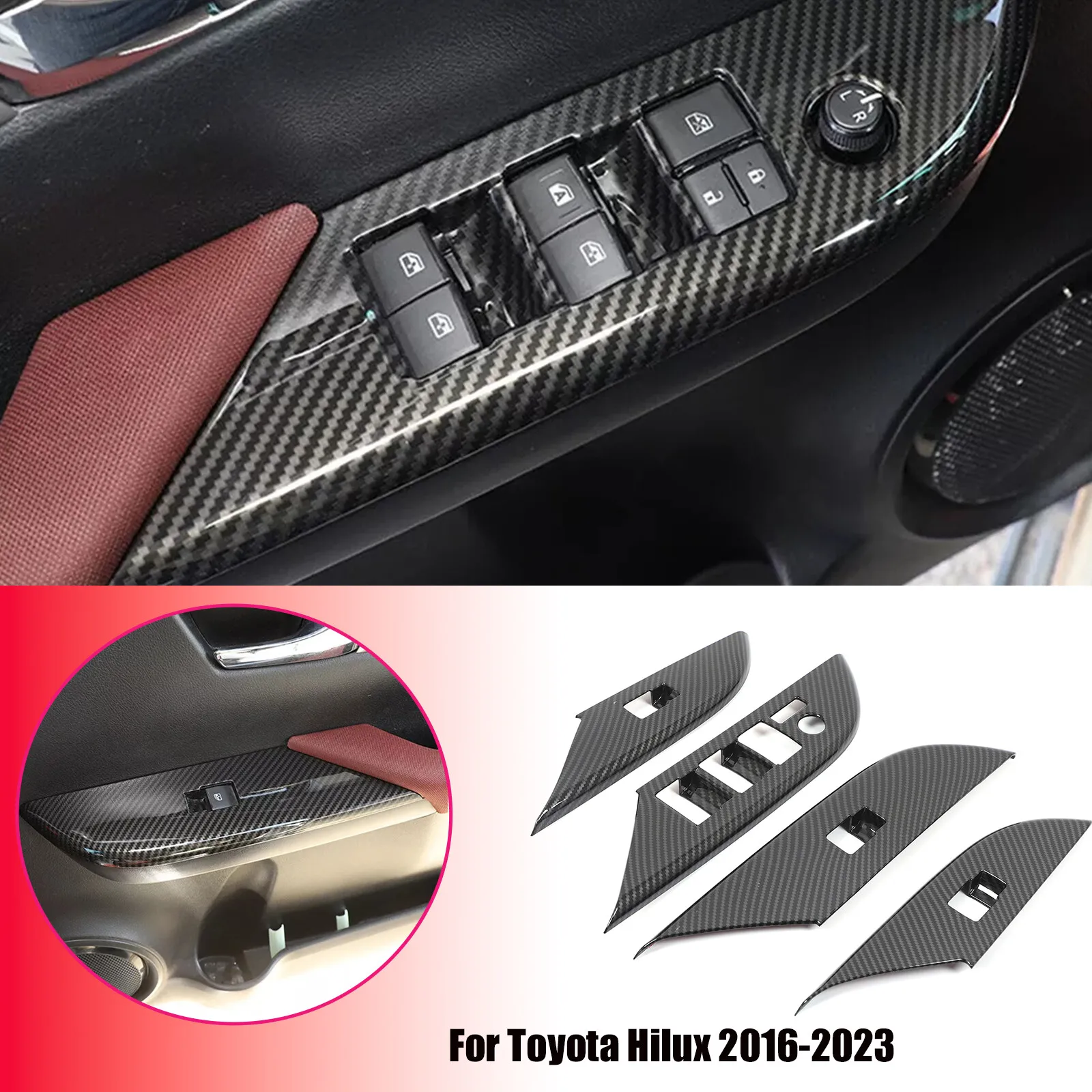

4PCS ABS Carbon Fiber Car Window Lift Trim Switch Button Panel Trim Interior for Toyota Fortuner Hilux Revo Conquest 2015-2024