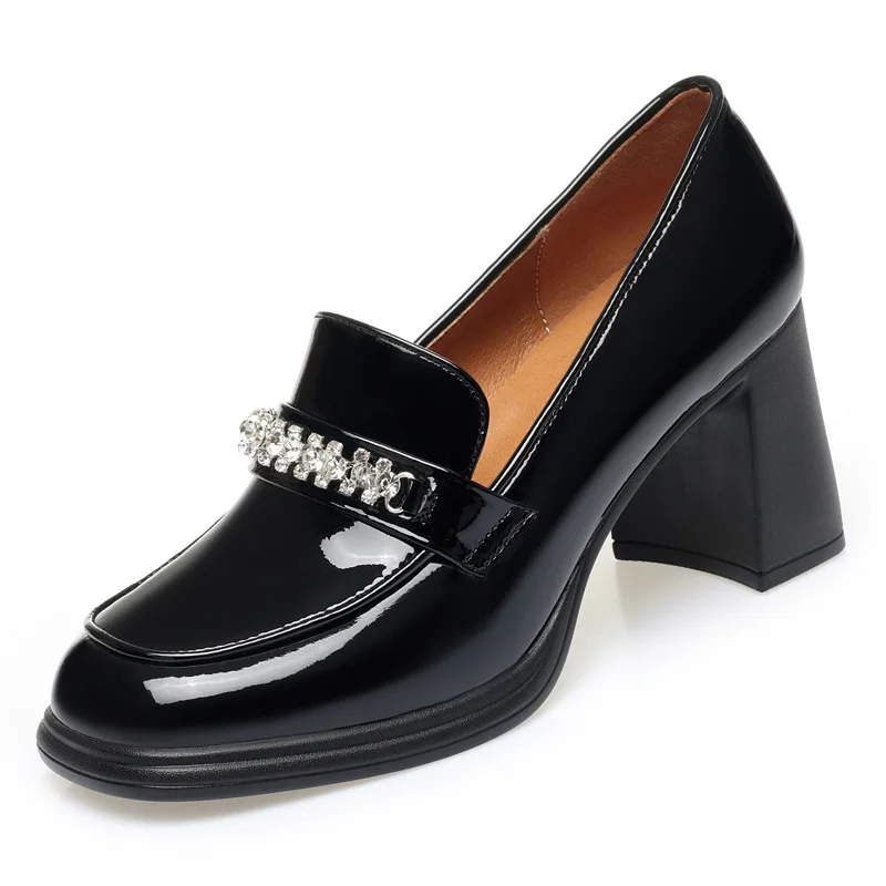 Nuove scarpe eleganti con tacchi alti e spessi décolleté donna con punta a punta tacco medio nero vernice Slip on scarpe in pelle con tacco quadrato