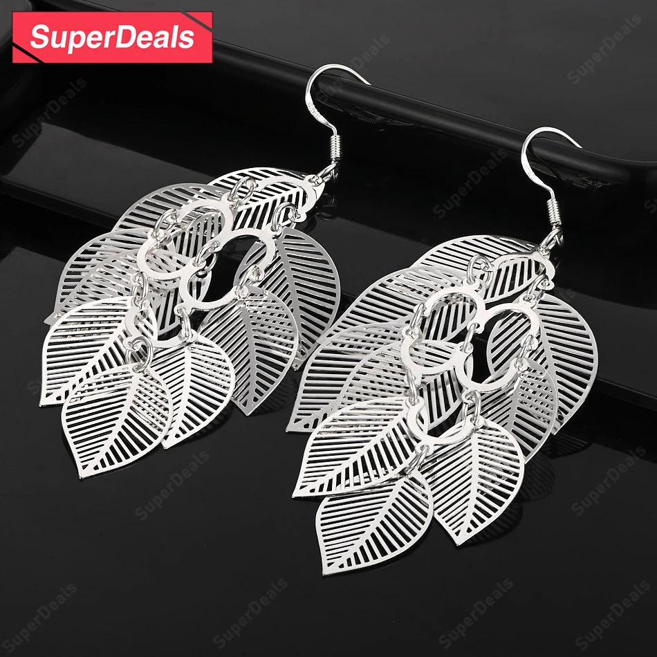 

SuperDeals 925 Sterling Silver Leaf Drop Earring Women Wedding Birthday Christmas Party Gift Fashion Fine Jewelry