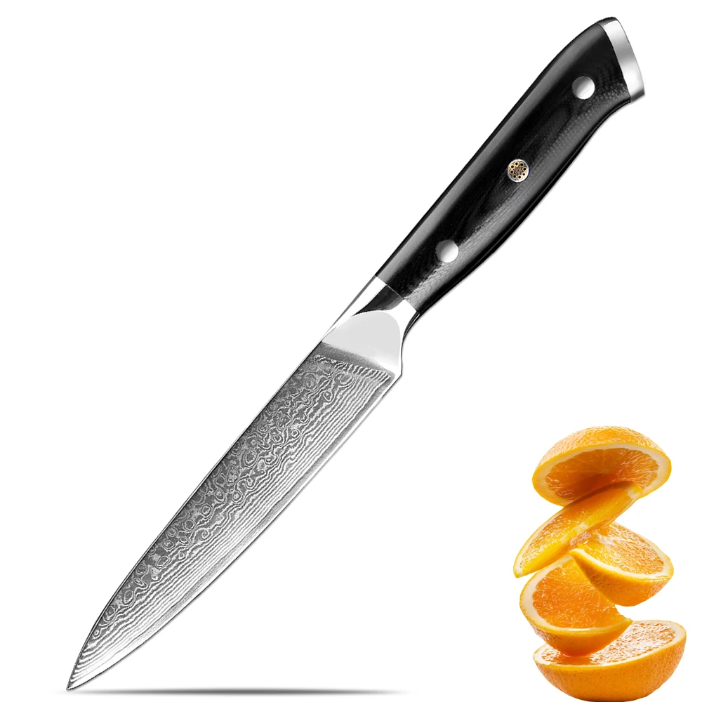 5-Zoll-Allzweckmesser, japanischer Damast, 67-lagiger Stahl, für die Küche, multifunktionales Schälmesser, schwarzer G10-Griff, scharfes Obstmesser