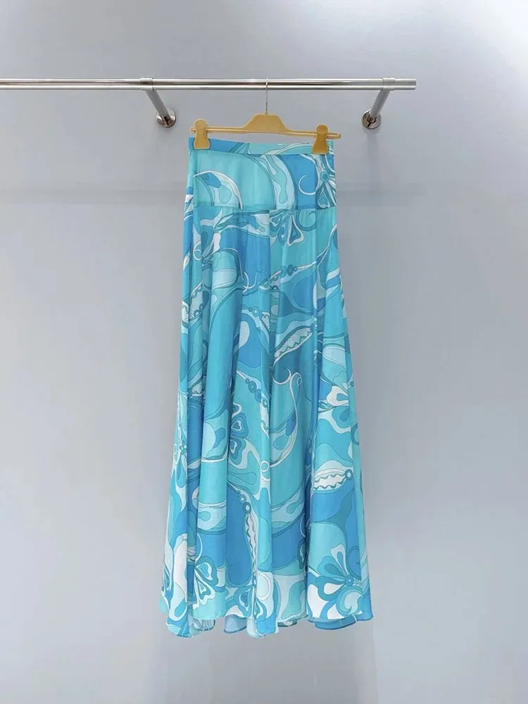Spring Summer Fashion Party Elegant Geometric Print Long Skirt Women's Resort Casual High Waist Sexy Slim A-Line Skirt