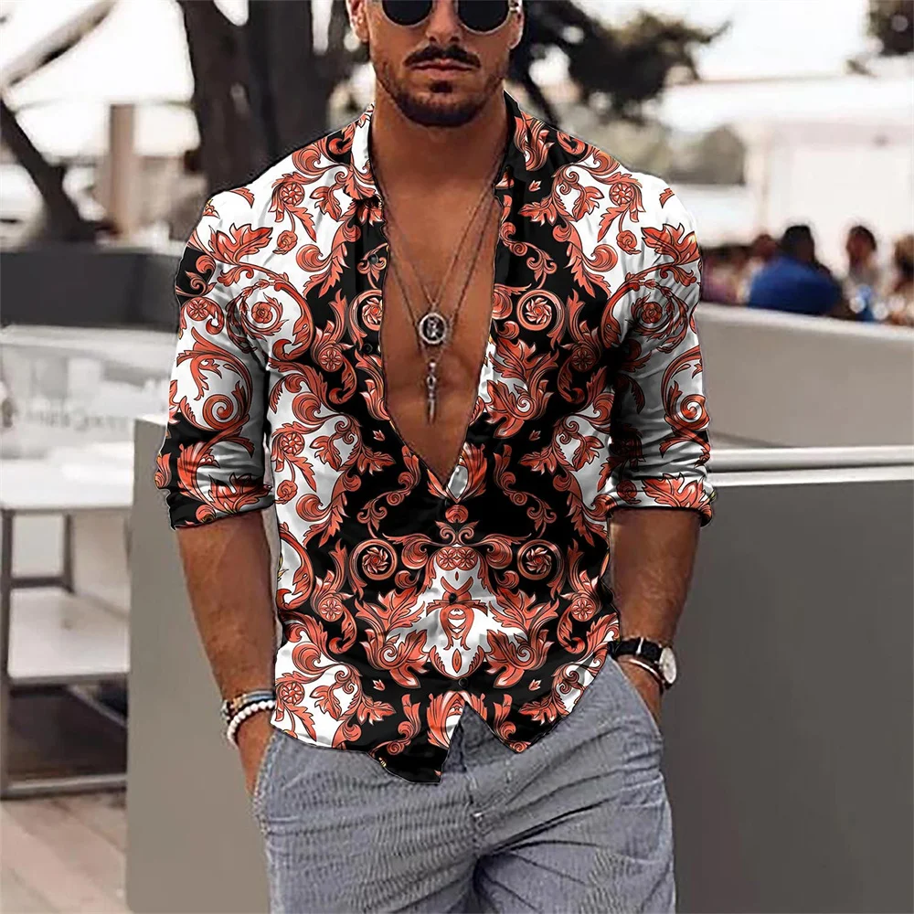 Camisa masculina de manga comprida, top estampado em 3D roupa unissex casual, padrão de textura luxuosa, nova moda, primavera e outono