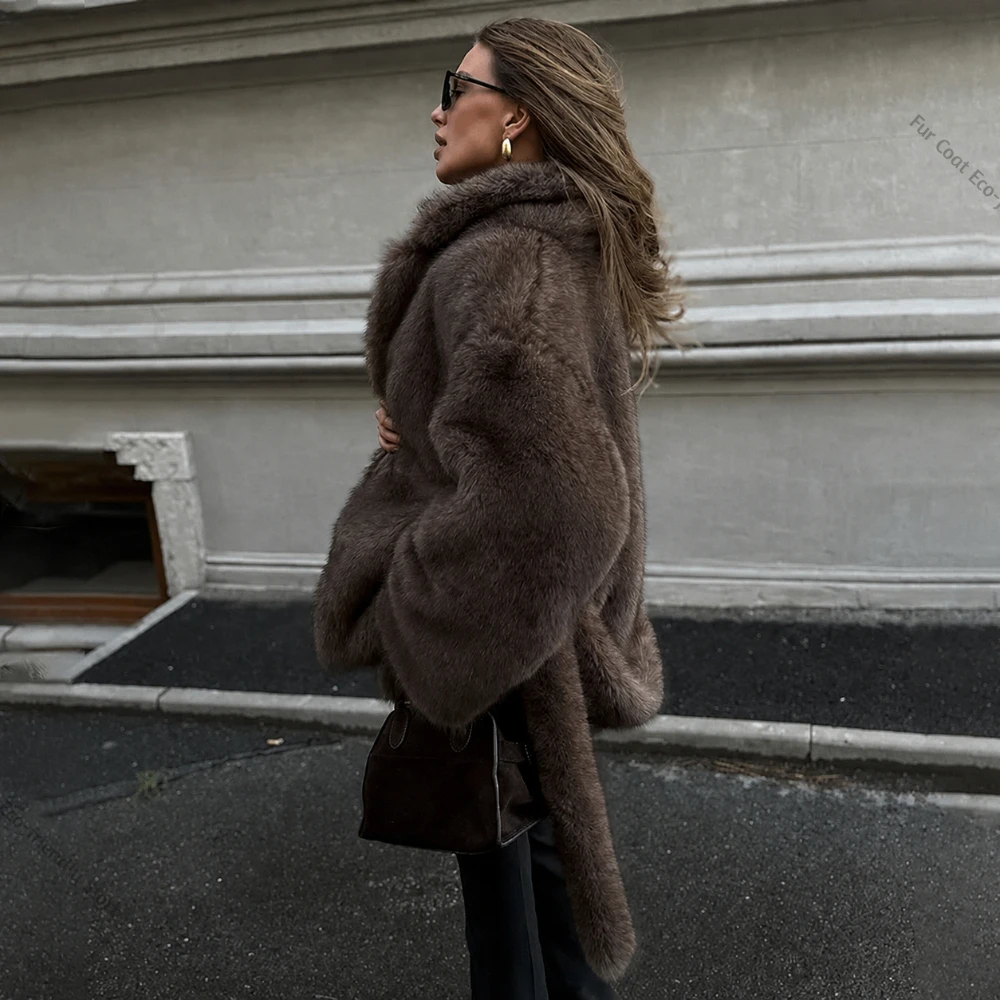 Woman Faux Fur Coat High Elegant Fashion Faux Collar Fur Women's Fur Coat Belted Waist Winter Fashion Warm Luxury Fashion