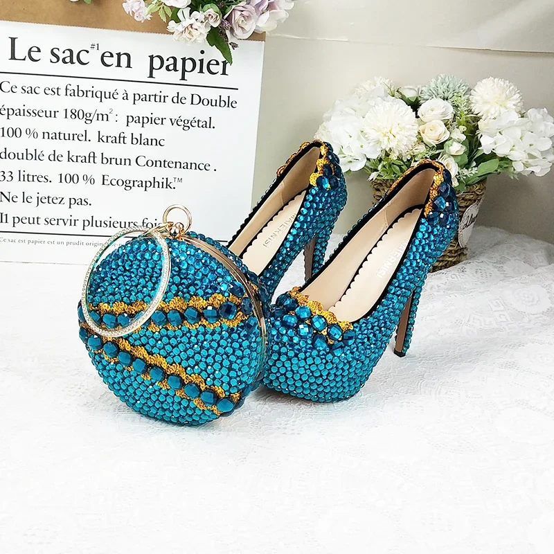 Autumn New Bluish Green crystal Womens Wedding shoes with matching bags high heels platform shoes and purse woman High shoes