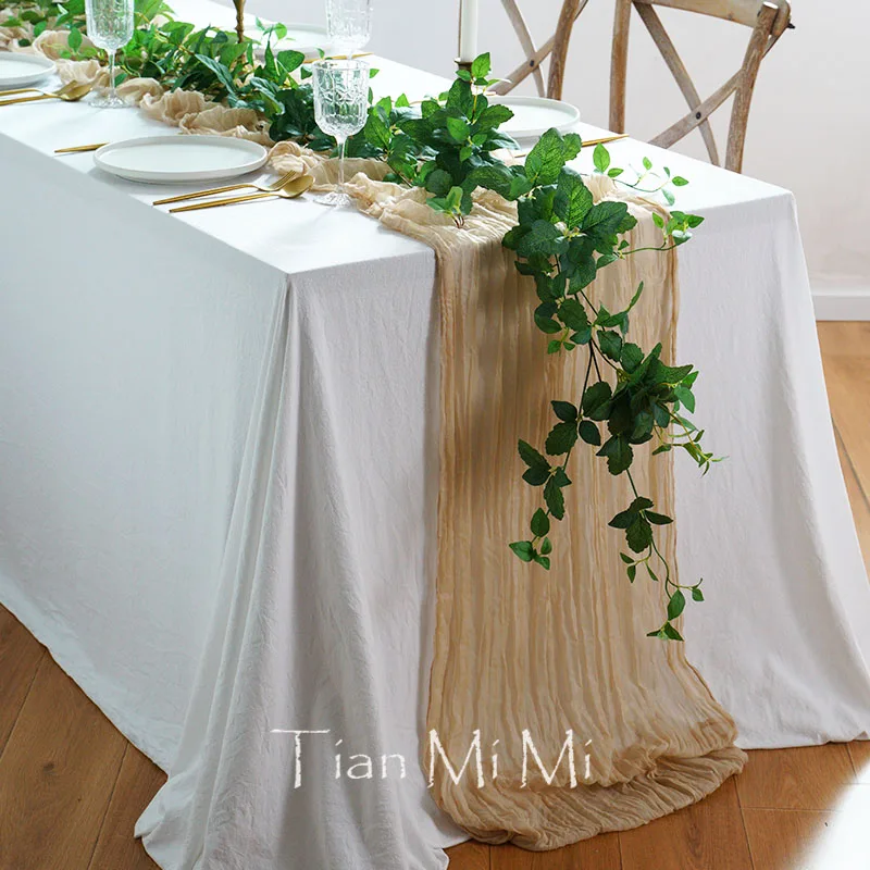 Lovely Semi-Sheer Gauze Table Runner Beige Cloth Cheesecloth Adding Delight To Rural Retro Wedding and Party Table Settings