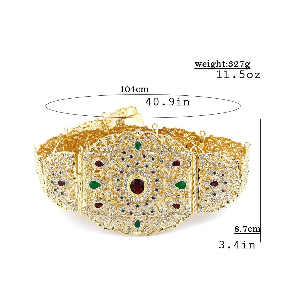 Sunspicems Goldfarbener Marokkanischer Kaftan-Gürtel mit Strasssteinen, Hohlfiligran, Algerische Damen-Taillenkette, Arabischer Brautschmuck für Hochzeiten – Detail 8