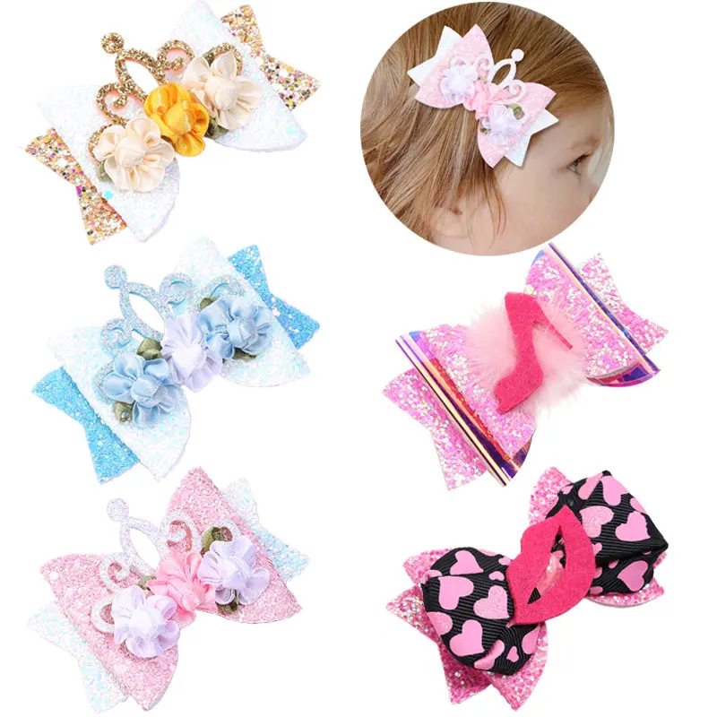 Fashion Hair Bow Clips For Girls Glitter Boutique Flower Hairpins Princess Crown Lips Hair Clip Kids Hair Ornaments Accessories