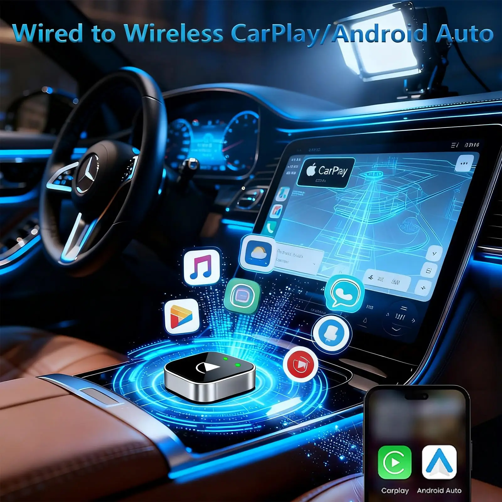 2-in-1 Wireless CarPlay & Android Auto Adapter, Plug & Play CarPlay Dongle Converts Wired to Wireless, Fast Auto-Connect