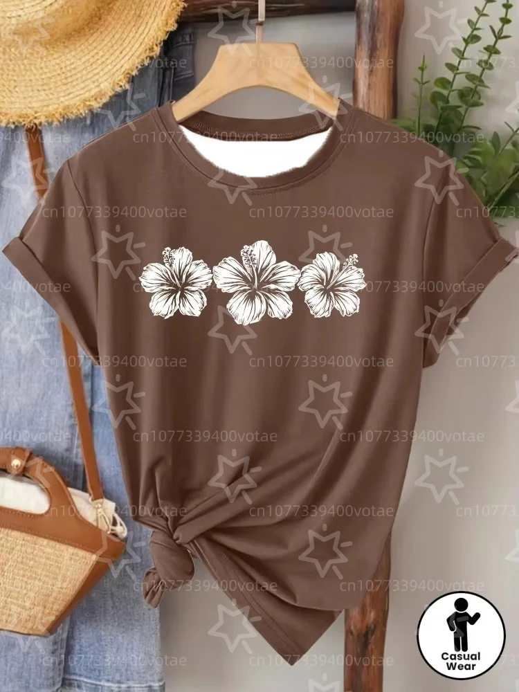 

Plus Size Ladies' Elegant Style Short Sleeved Hibiscus Print Round Neck Short Sleeved Daily Versatile Casual Retro Style Tops