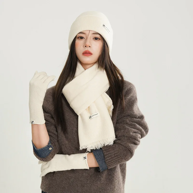 3pcs set winter beanies hats scarf gloves for women knitted beige white winter hat long scarf thickened