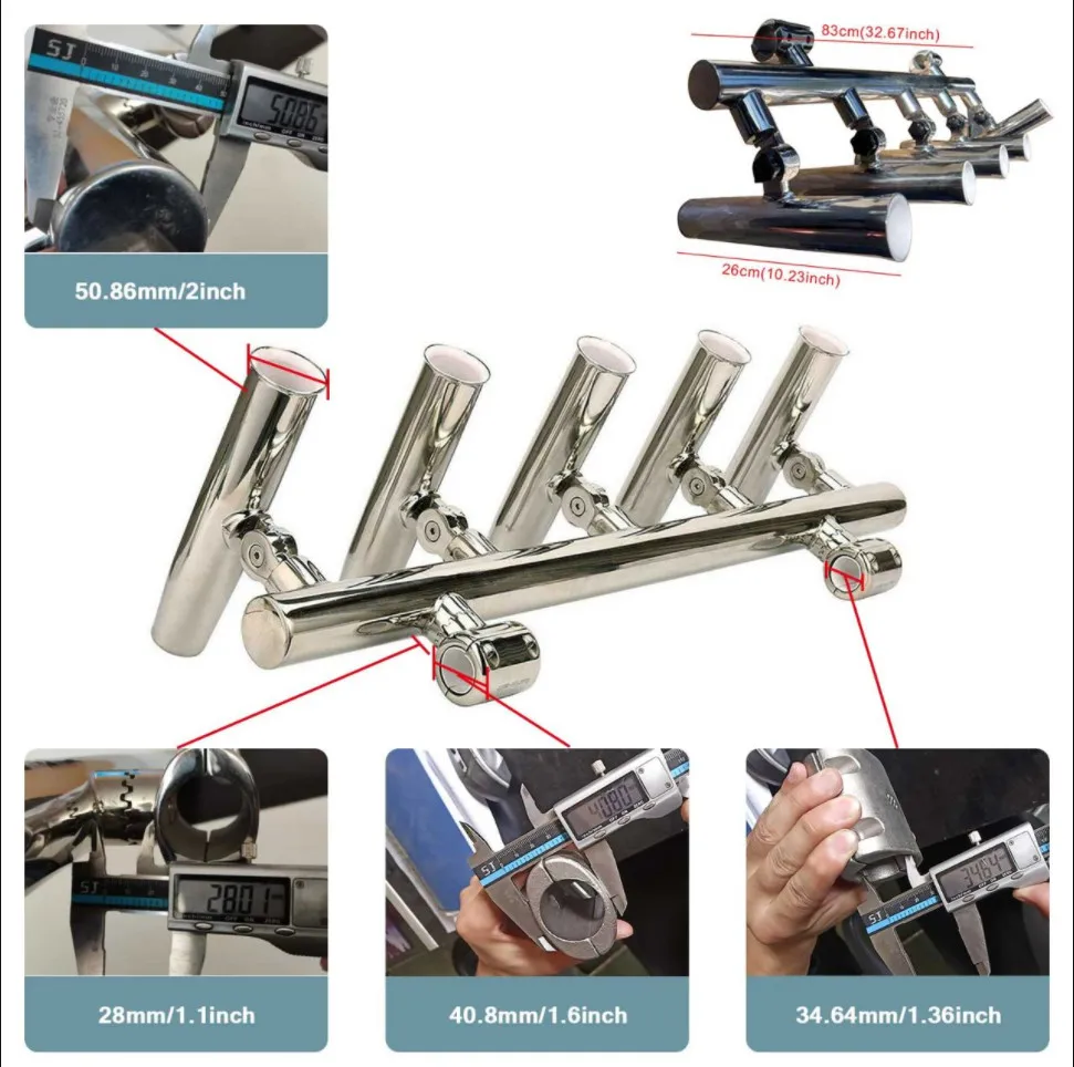 Stainless Steel Fishing Boat t Top Rocket Launcher, 2" Clamp 5 Rod Holder