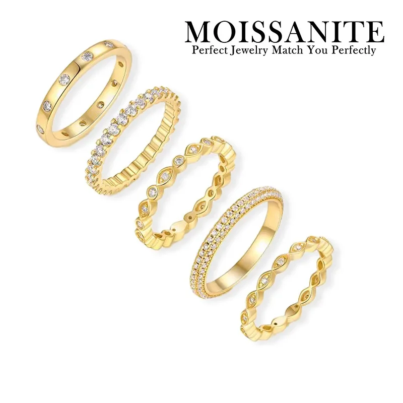 

Five-Piece Gold Moissanite Ring Set 925 Silver Gold Plated Sparkling Design Birthday Gift for Her