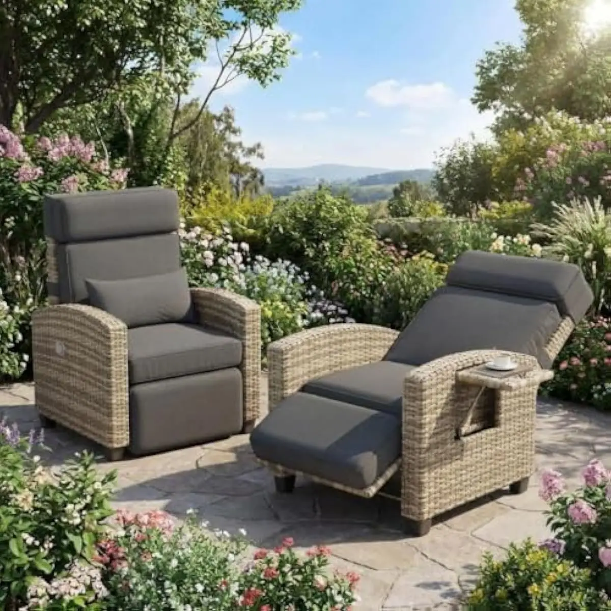 Outdoor reclining lounge chair with synchronized gas-lift system for back and footrest — integrated foldable side tray with cup