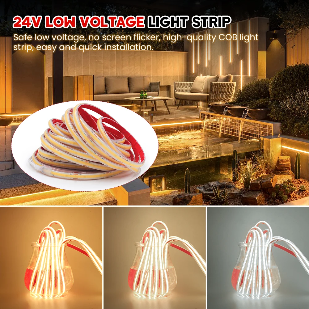 IP68 Waterproof COB LED Strip Dimmable 320LEDs/m High Density DC 24V Flexible Tape Lights with EU/US/AU/UK Plug for Garden Decor