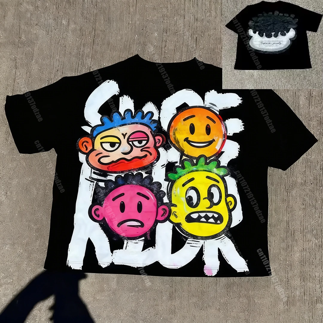 كبير رئيس طفل رسومات الشعار المبتكرة تي شيرت الرجال النساء خمر الأعلى الهيب هوب الشارع الشهير المتضخم قصيرة الأكمام ملابس كاجوال الصيف المحملة