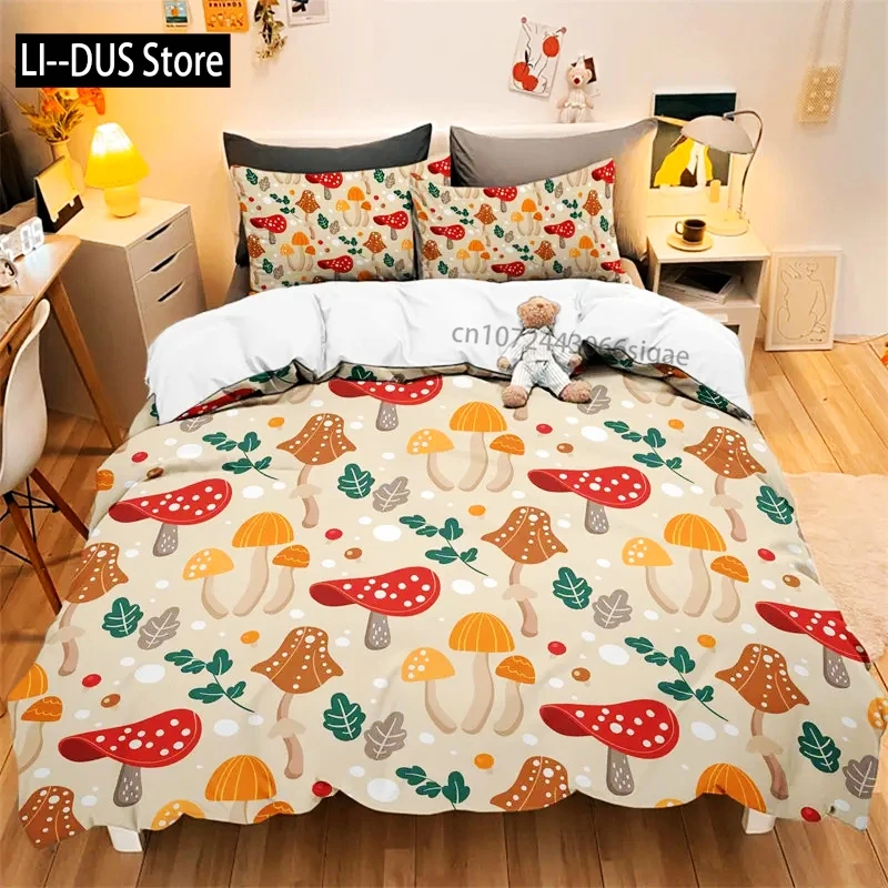 Watercolor Mushroom Duvet Cover Set Wild Forest Various Mushroom Bedding Set Fantastic Landscape Comforter Cover For Kids Adults