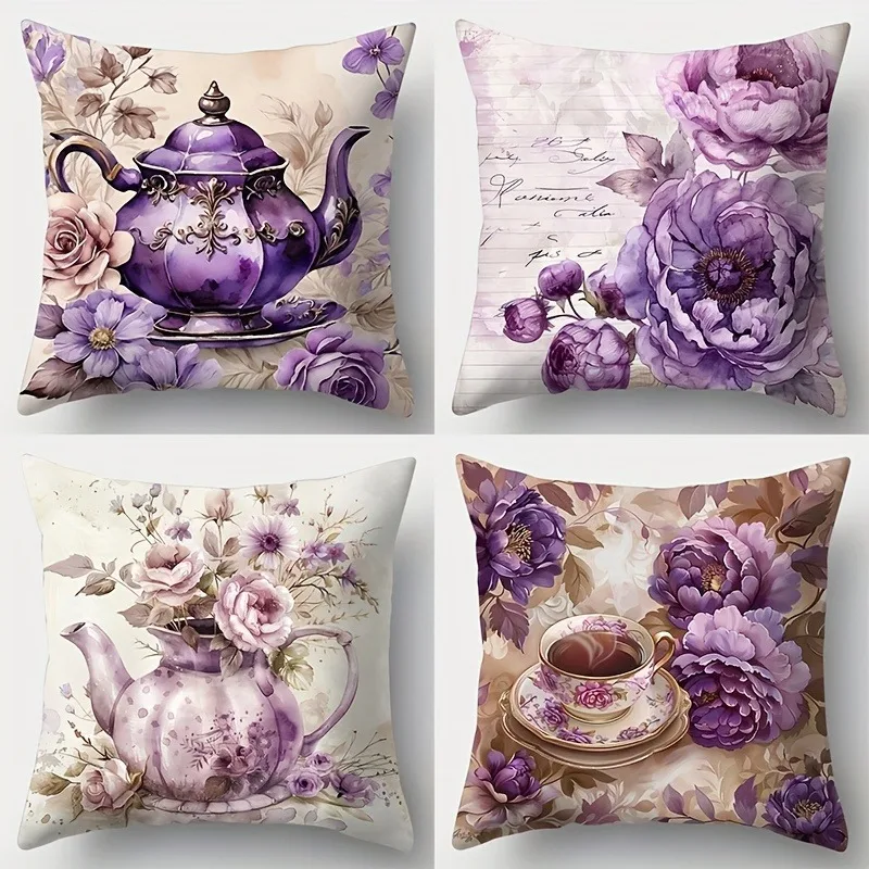 

Vintage Purple Floral & Tea Set Pillowcases: Elegant Home Decor Pillow Covers